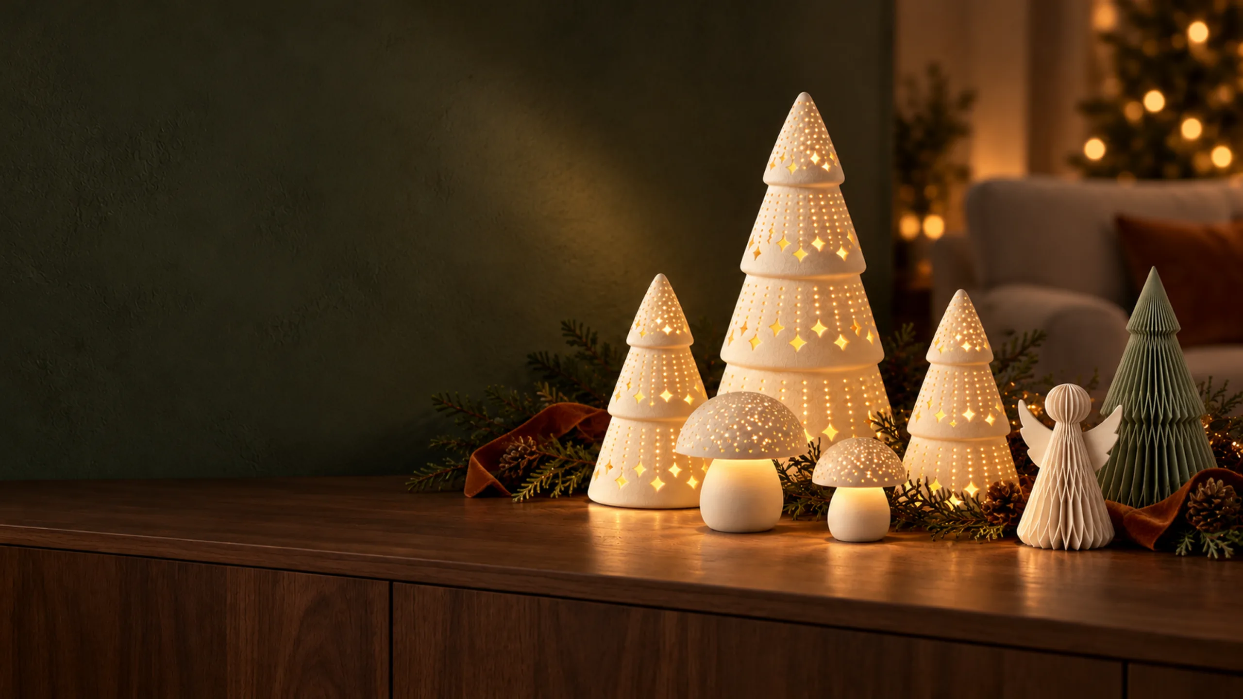 Arbolitos y hongos luminosos Raigal encendidos sobre un mueble de madera, con un ángel y un Árbol Origami